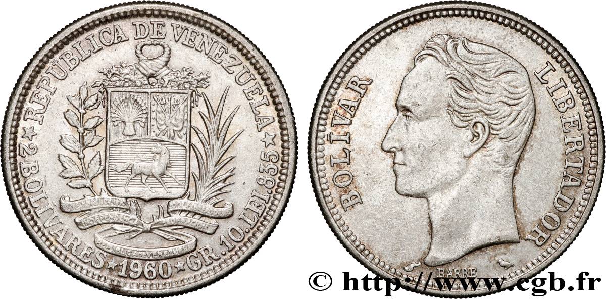 VENEZUELA 2 Bolivares Simon Bolivar 1960 Paris q.SPL 