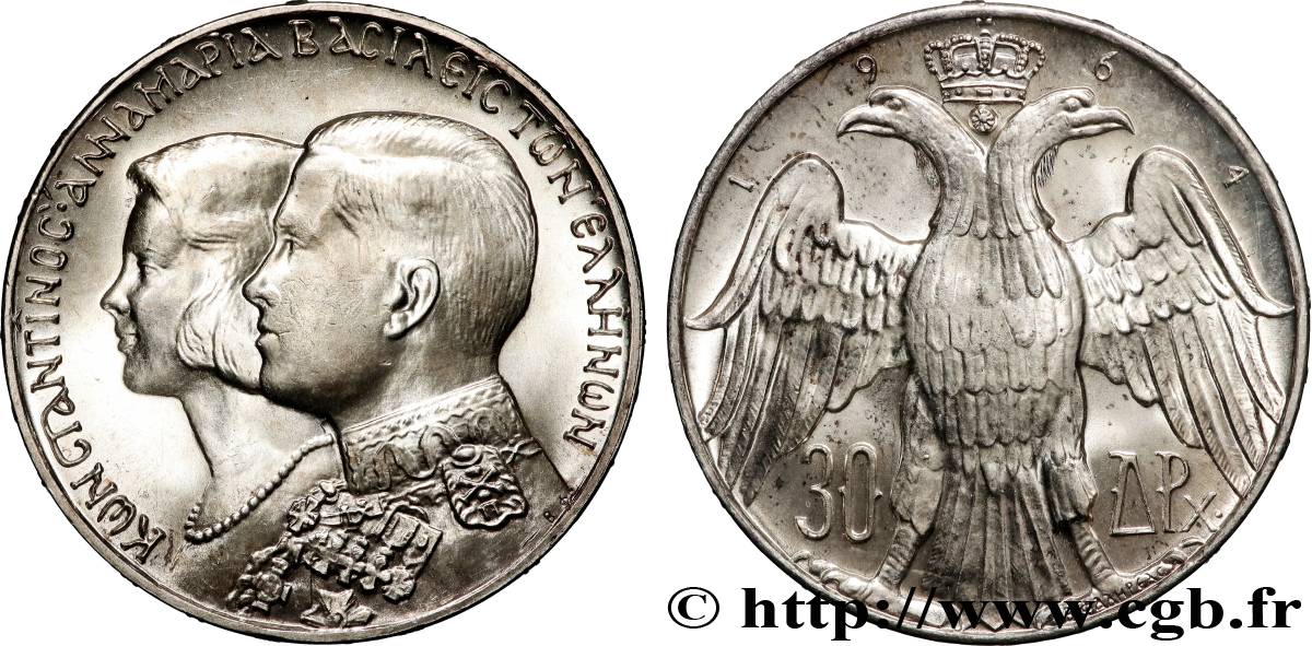 GREECE 30 Drachmes mariage royal 1964 Kongsberg, Norvège AU 