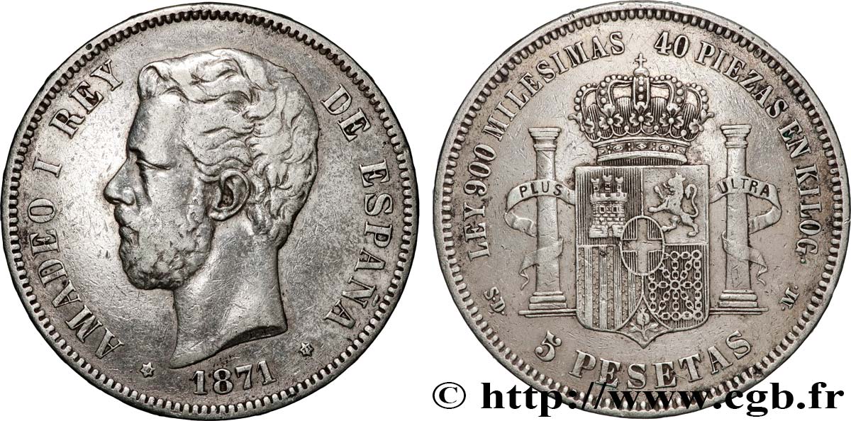 SPAIN - KINGDOM OF SPAIN - AMEDEE I 5 Pesetas  1871 Madrid fSS 