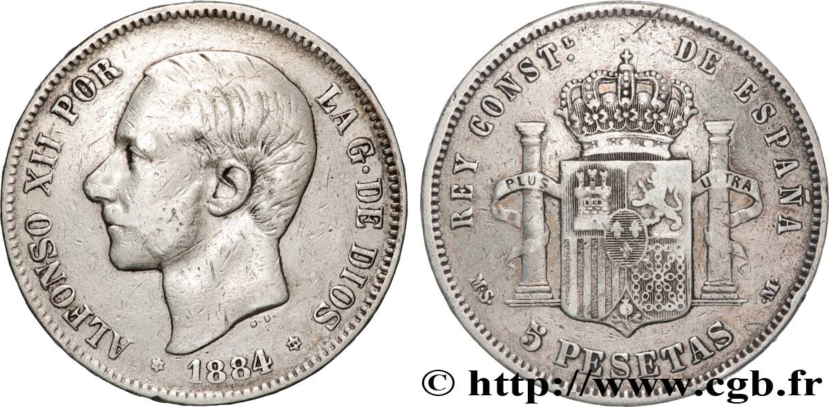 ESPAGNE 5 Pesetas Alphonse XII 1884 Madrid TB+ 