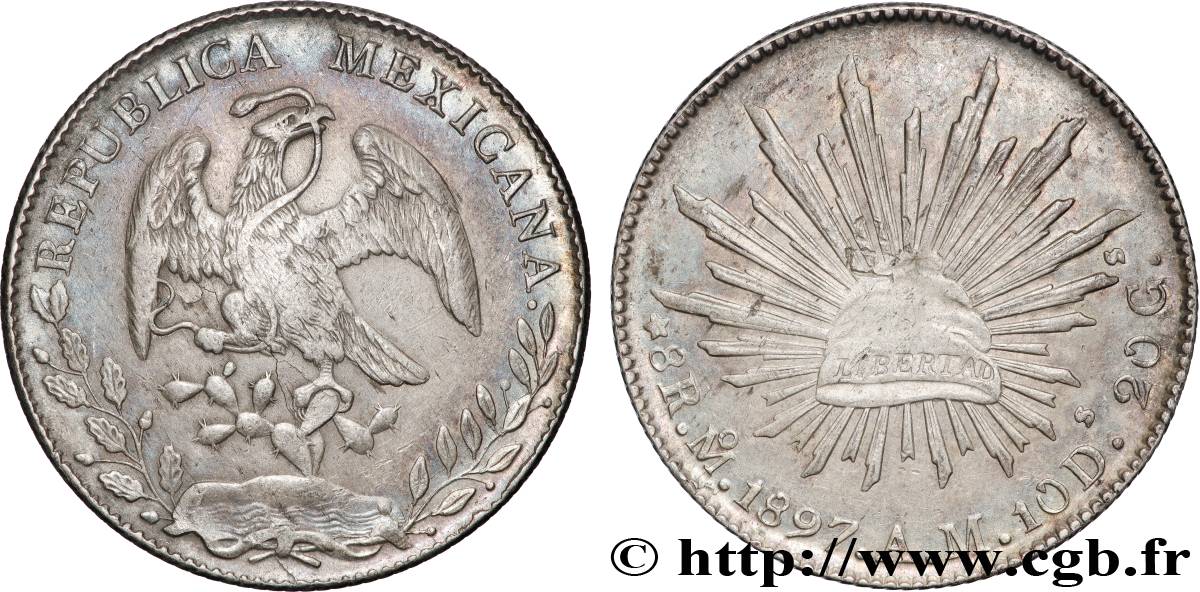 MEXICO 8 Reales Aigle / bonnet phrygien sur soleil 1897 Mexico AU 