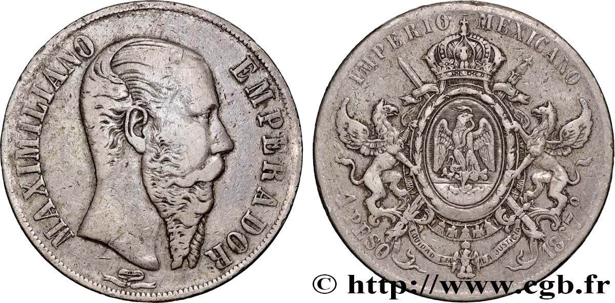 MEXIQUE - MAXIMILIEN Ier 1 Peso 1867 Mexico BC+ 