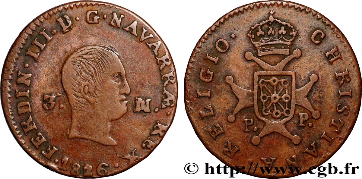 SPAIN - NAVARRA 3 Maravedis Ferdinand III 1826 Pampelune XF 