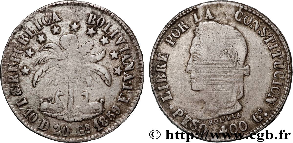 BOLIVIA 1 Peso Bolivar 1859 Potosi BC+ 