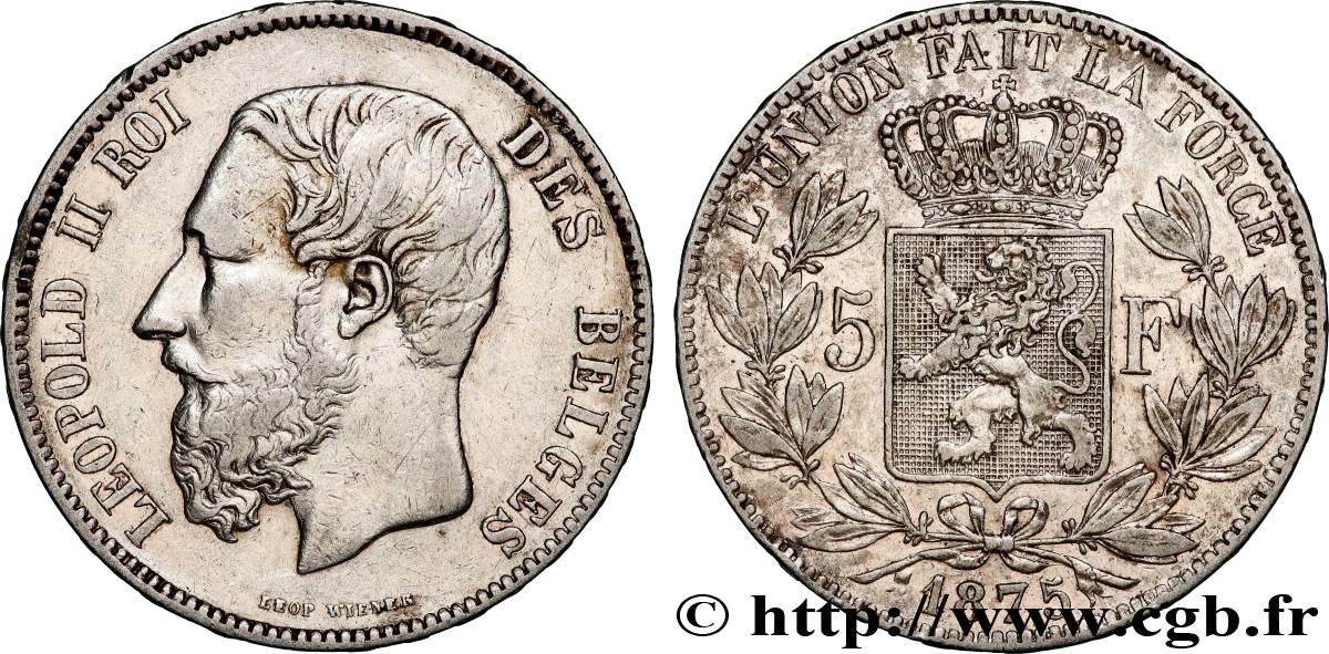 BELGIUM 5 Francs Léopold II 1875  AU 