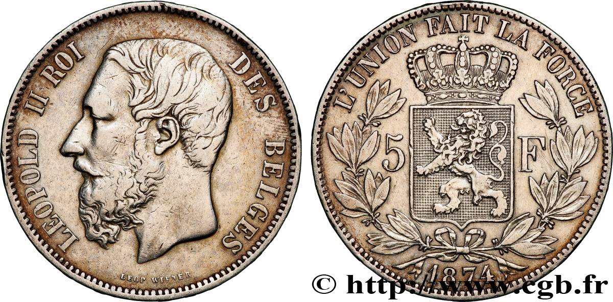 BELGIQUE 5 Francs Léopold II  1874  TTB 