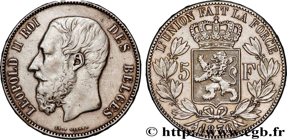 BELGIQUE 5 Francs Léopold II 1876  TTB 