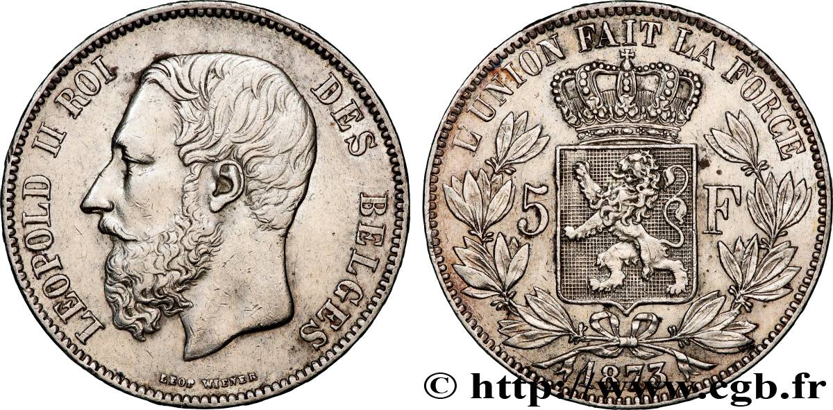 BELGIQUE - ROYAUME DE BELGIQUE - LÉOPOLD II 5 Francs  1873  TTB+ 