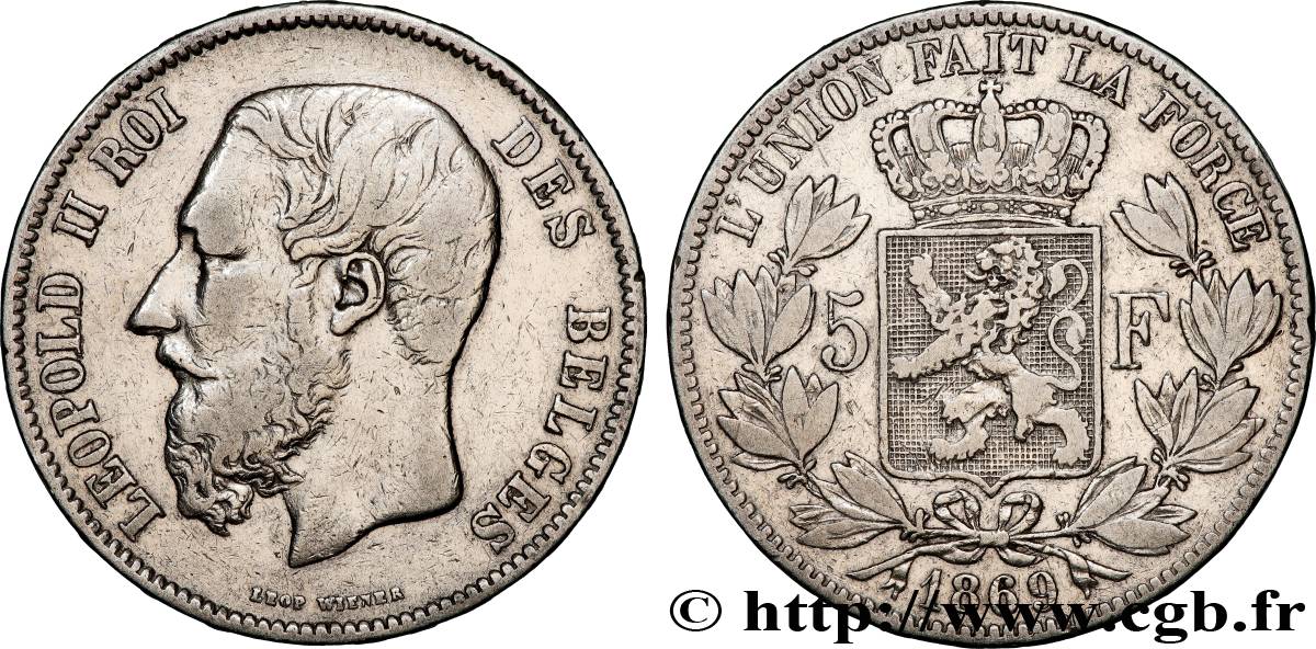 BELGIQUE - ROYAUME DE BELGIQUE - LÉOPOLD II 5 Francs  1869  TTB 