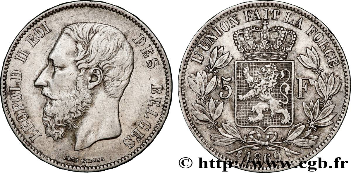 BELGIQUE - ROYAUME DE BELGIQUE - LÉOPOLD II 5 Francs  1869  TTB 