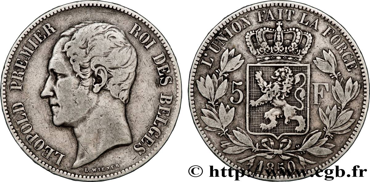 BELGIQUE 5 Francs Léopold Ier 1850  TB+ 