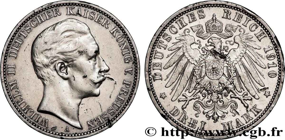 GERMANY - PRUSSIA 3 Mark Guillaume II 1910 Berlin XF 