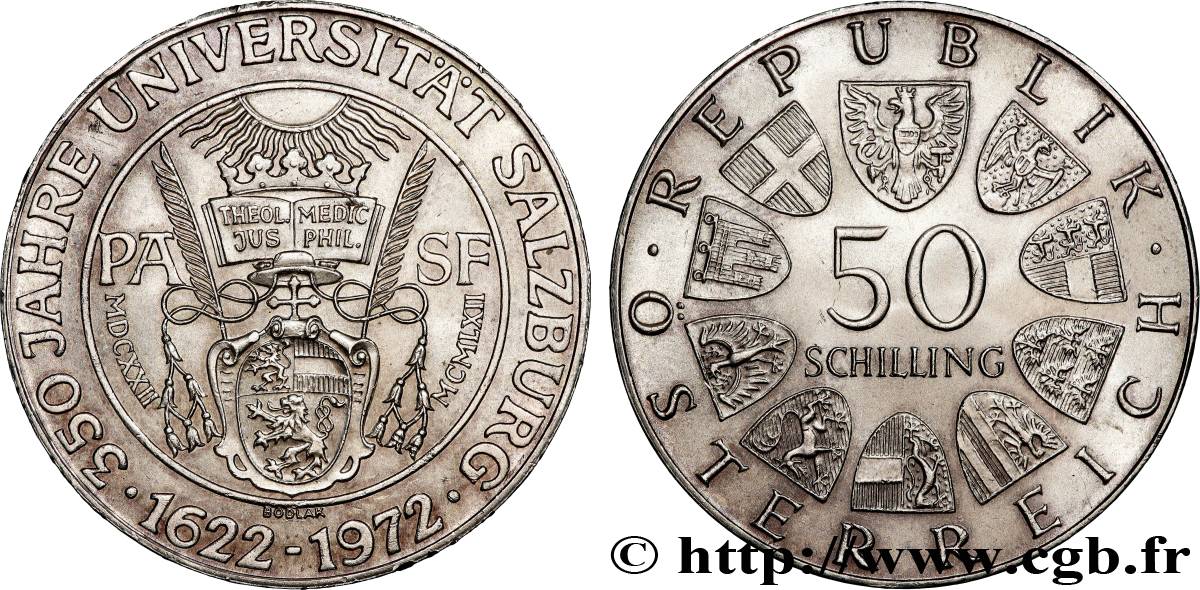 AUTRICHE 50 Schilling 350e anniversaire de l’Université de Salzbourg 1972 Vienne SPL 