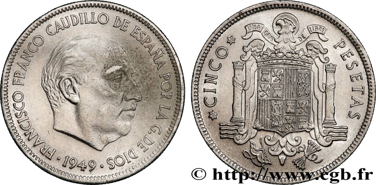 SPAIN 5 Pesetas Franco (1950) 1949  AU 