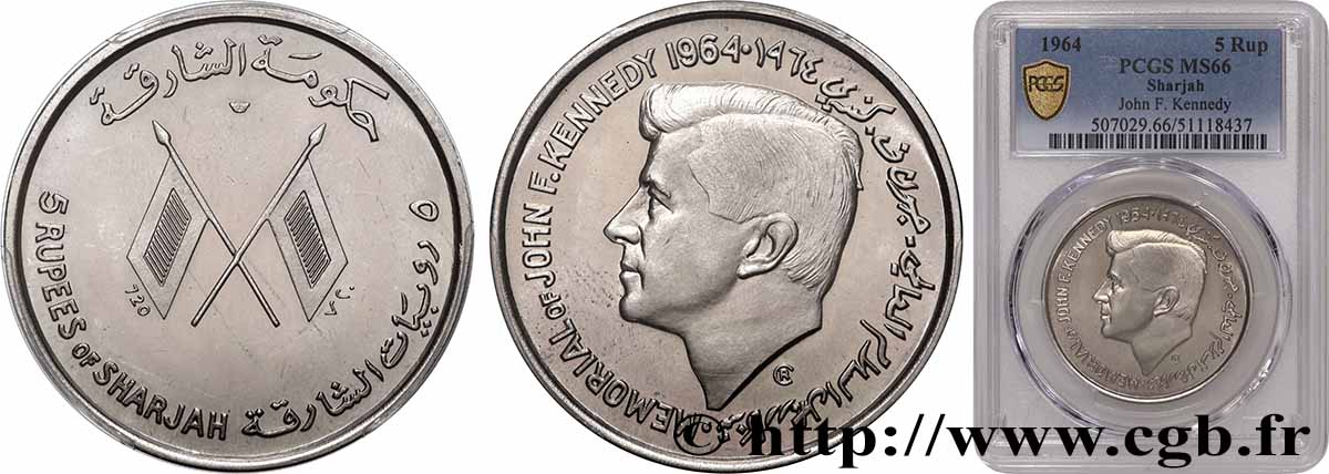 SCHARDSCHA 5 Roupies mort de John F. Kennedy 1964 Pessac ST66 PCGS