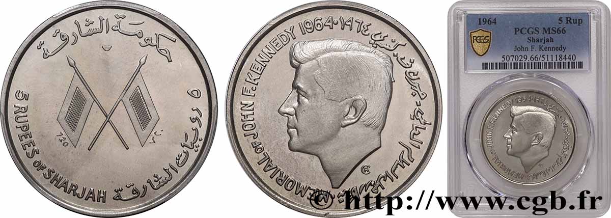 CHARJAH 5 Roupies mort de John F. Kennedy 1964 Pessac FDC66 PCGS