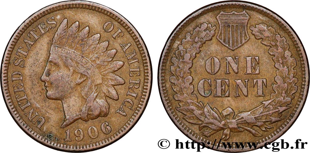 ÉTATS-UNIS D AMÉRIQUE 1 Cent tête d’indien, 3e type 1906 Philadelphie TB+ 