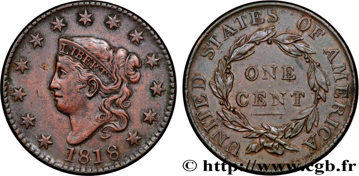 ÉTATS-UNIS D AMÉRIQUE 1 Cent “Matron Head” variété à 13 étoiles 1818 Philadelphie TB+ 