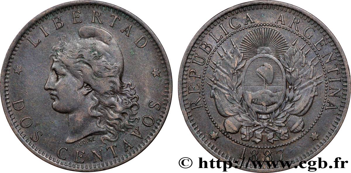 ARGENTINA 2 Centavos emblème / “Liberté” 1887  XF 