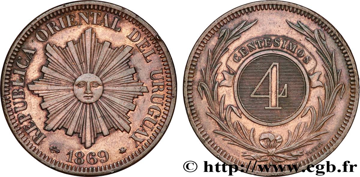 URUGUAY 4 Centesimos 1869 Paris XF 