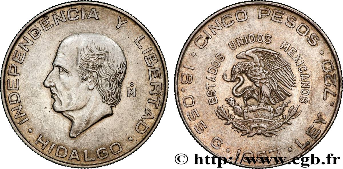 MEXIQUE 5 Pesos Miguel Hidalgo y Costilla 1957 Mexico TTB+ 