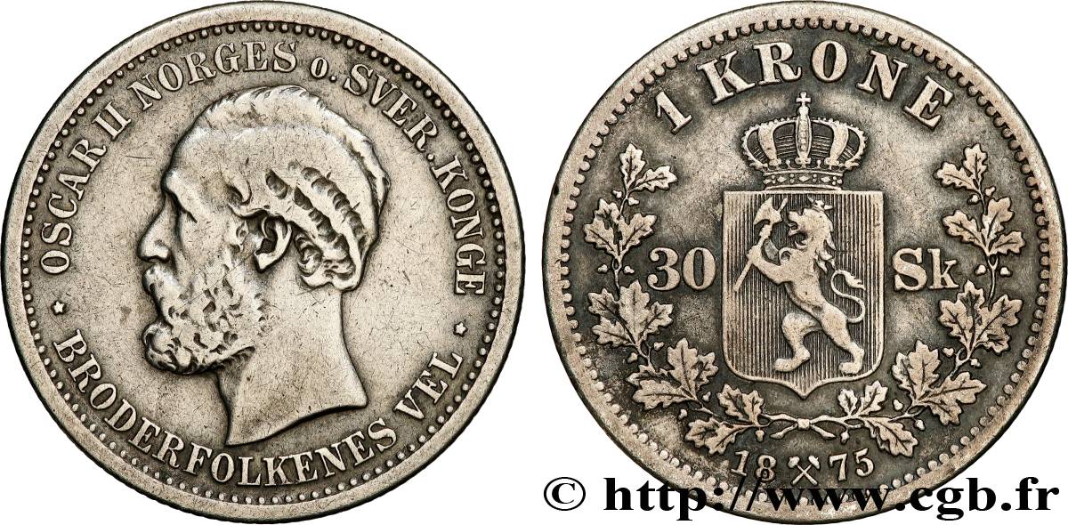 NORWAY - KINGDOM OF NORWAY - OSCAR II 1 Krone  1875  XF 