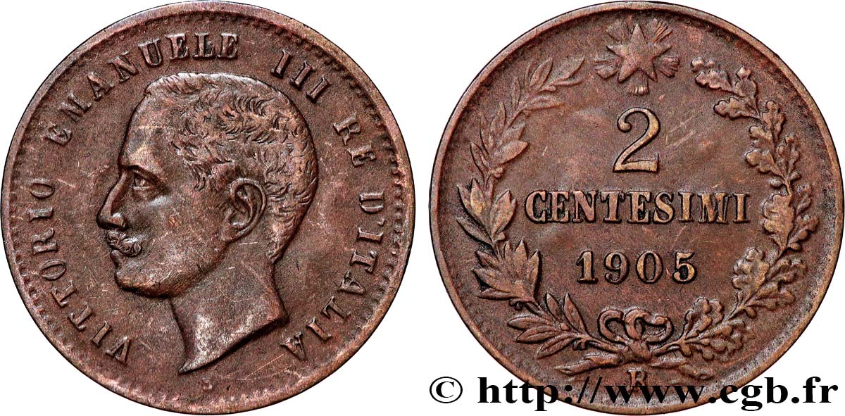 ITALY 2 Centesimi Victor Emmanuel III 1905 Rome  XF 