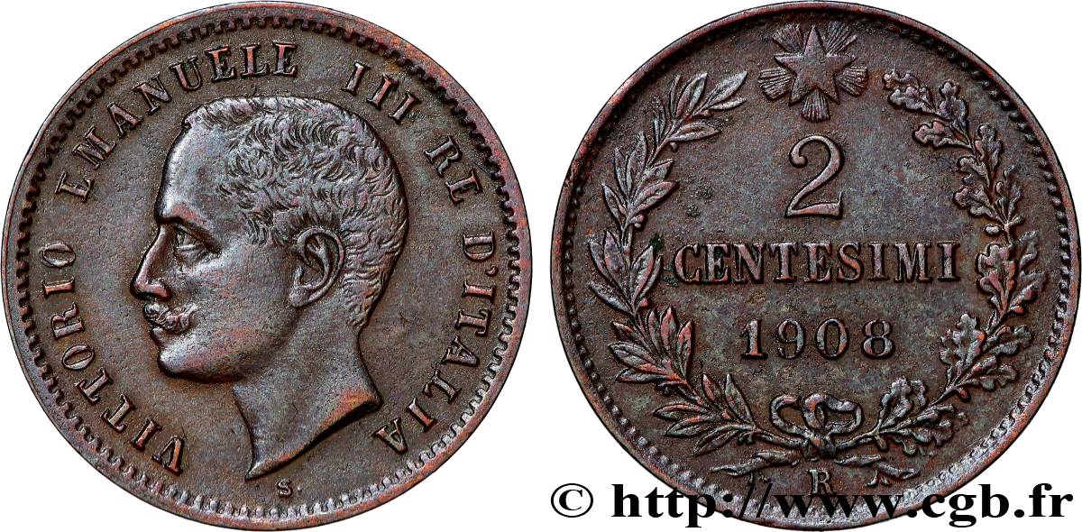 ITALIE 2 Centesimi Victor Emmanuel III 1908 Rome - R TTB+ 