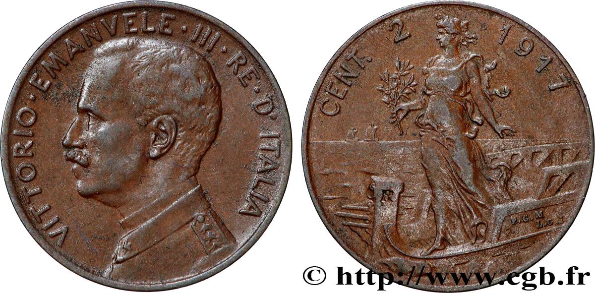 ITALIE 2 Centesimi Victor Emmanuel III 1917 Rome - R TTB+ 