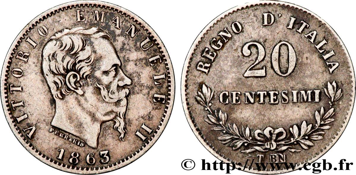 ITALIE 20 Centesimi Victor Emmanuel II 1863 Turin TTB 