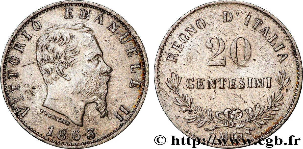 ITALIA 20 Centesimi Victor Emmanuel II 1863 Milan BB 