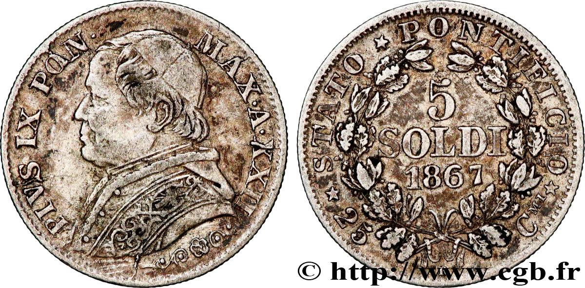VATICAN AND PAPAL STATES 5 Soldi Pie IX an XXI 1867 Rome XF 