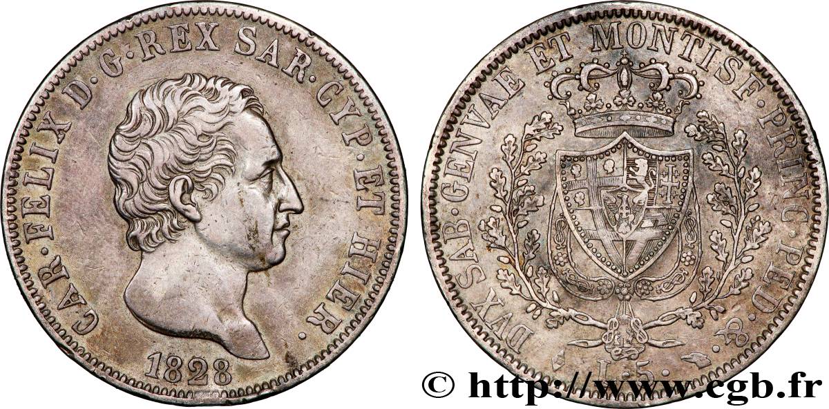 ITALIA - REINO DE CERDEÑA 5 Lire Charles-Félix 1828 Turin MBC 