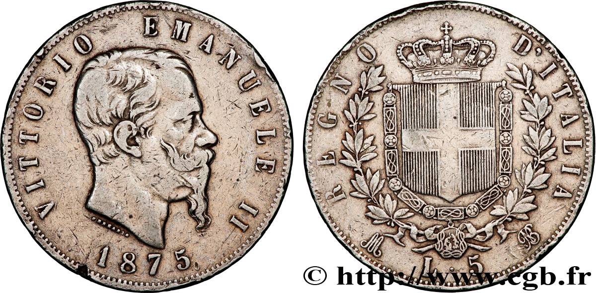 ITALY - KINGDOM OF ITALY - VICTOR-EMMANUEL II 5 Lire  1875 Milan VF 