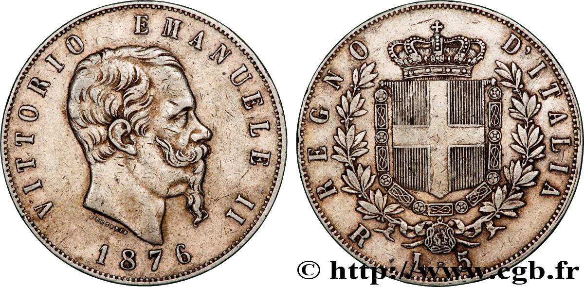 ITALY - KINGDOM OF ITALY - VICTOR-EMMANUEL II 5 Lire  1876 Rome XF 