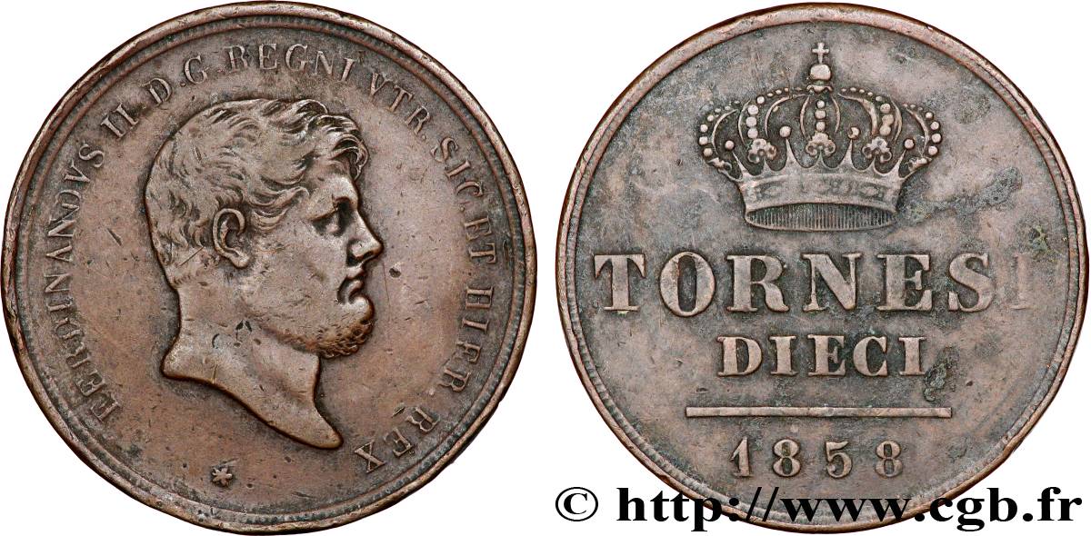 ITALY - KINGDOM OF TWO SICILIES 10 Tornesi Ferdinand II, roi de Naples et Sicile 1858  XF 