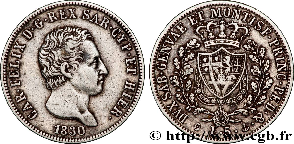 ITALY - KINGDOM OF SARDINIA 5 Lire Charles Félix 1830 Gênes XF 