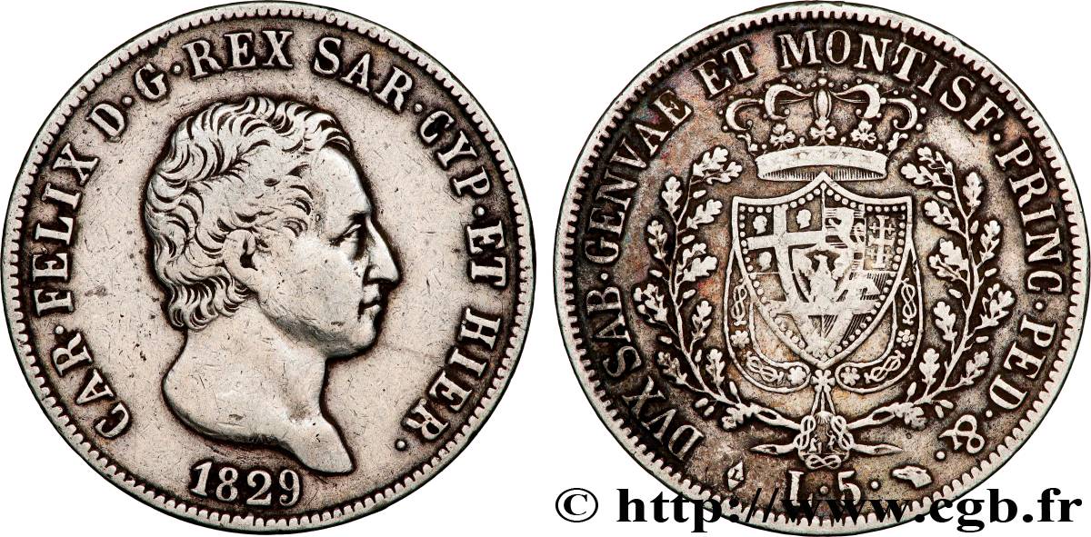 ITALY - KINGDOM OF SARDINIA - CHARLES-FELIX 5 Lire  1829 Turin VF 