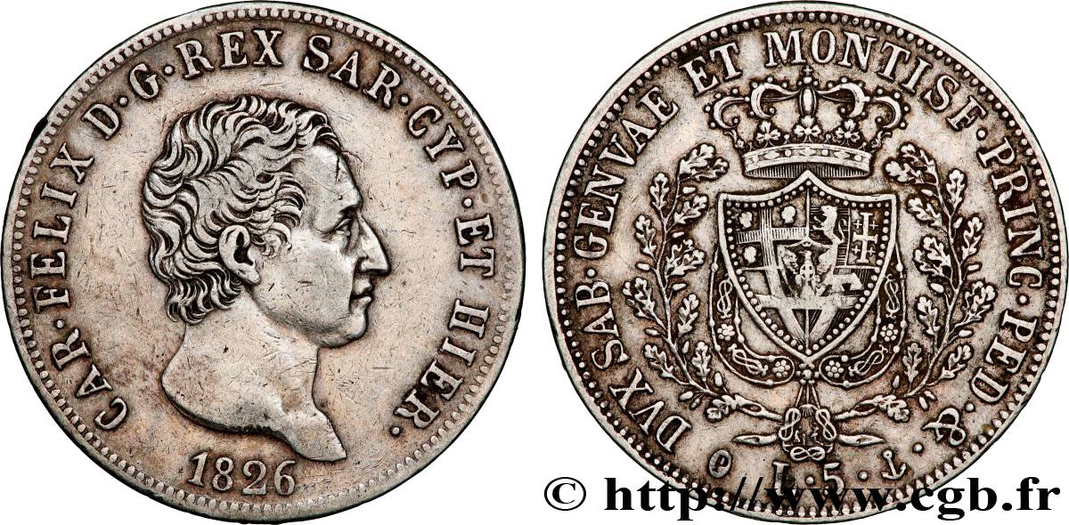 ITALIA - REINO DE CERDEÑA  - CARLO FÉLIX 5 Lire  1826 Gênes BC+ 