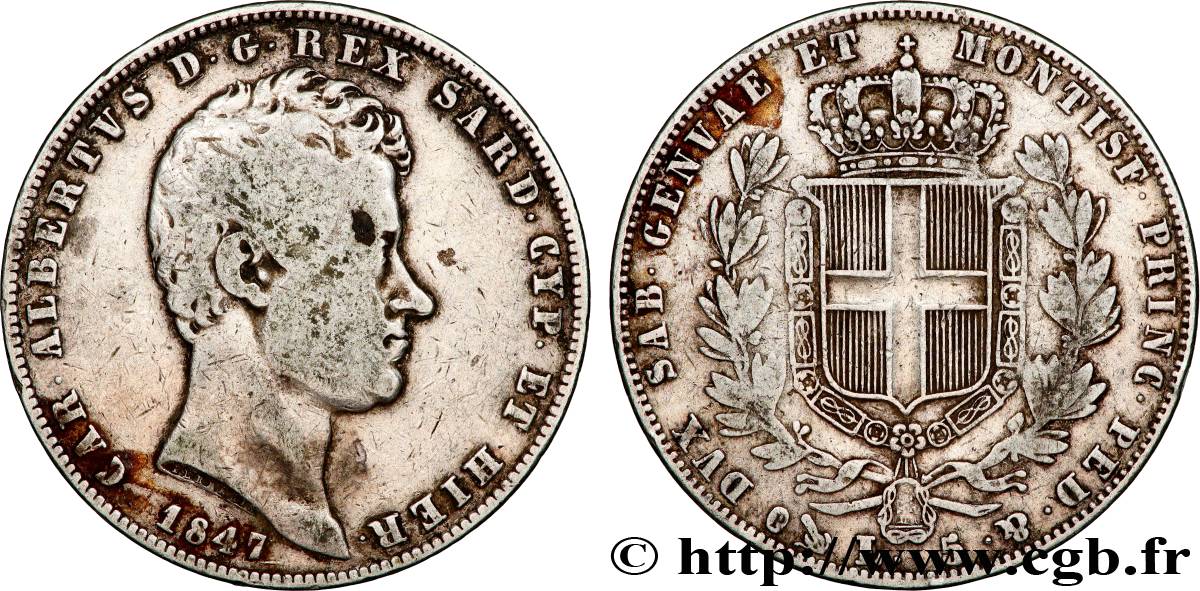 ITALIE - ROYAUME DE SARDAIGNE - CHARLES-ALBERT 5 Lire  1847 Gênes TB/TB+ 