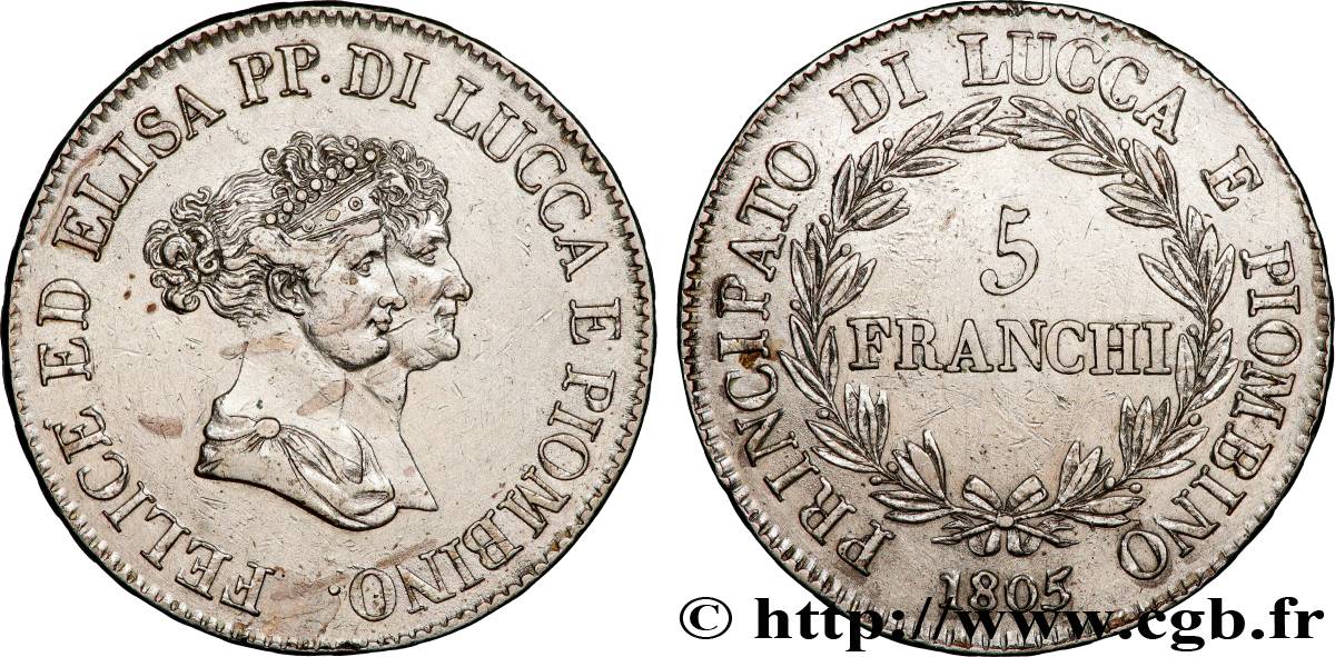 ITALIE - PRINCIPAUTÉ DE LUCQUES ET PIOMBINO - FÉLIX BACCIOCHI et ÉLISA BONAPARTE 5 Franchi - Moyens bustes 1805 Florence TTB 