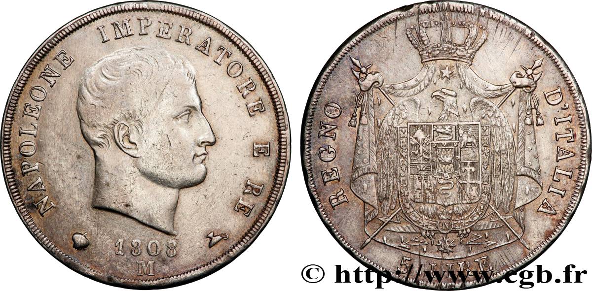 ITALIE - ROYAUME D ITALIE - NAPOLÉON Ier 5 Lire 1808 Milan TTB 