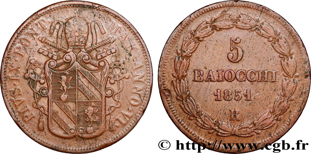 VATICAN - PIUS IX (Giovanni Maria Mastai Ferretti) 5 Baiocchi an VI 1851 Rome XF 