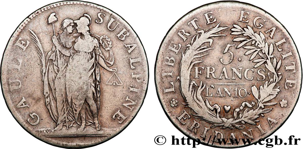 ITALY - SUBALPINE GAUL 5 Francs an 10 1802 Turin VF 