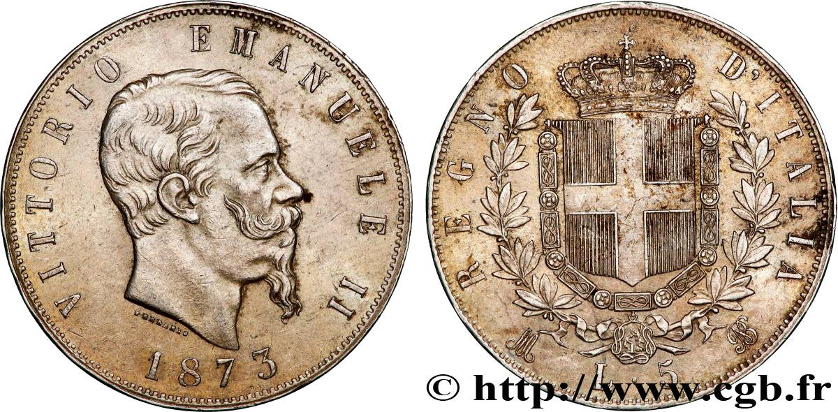 ITALIE 5 Lire Victor Emmanuel II 1873 Milan TTB 