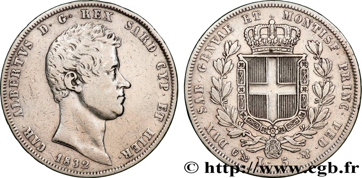 ITALIEN - KÖNIGREICH SARDINIEN 5 Lire Charles Albert 1832 Gênes fSS 