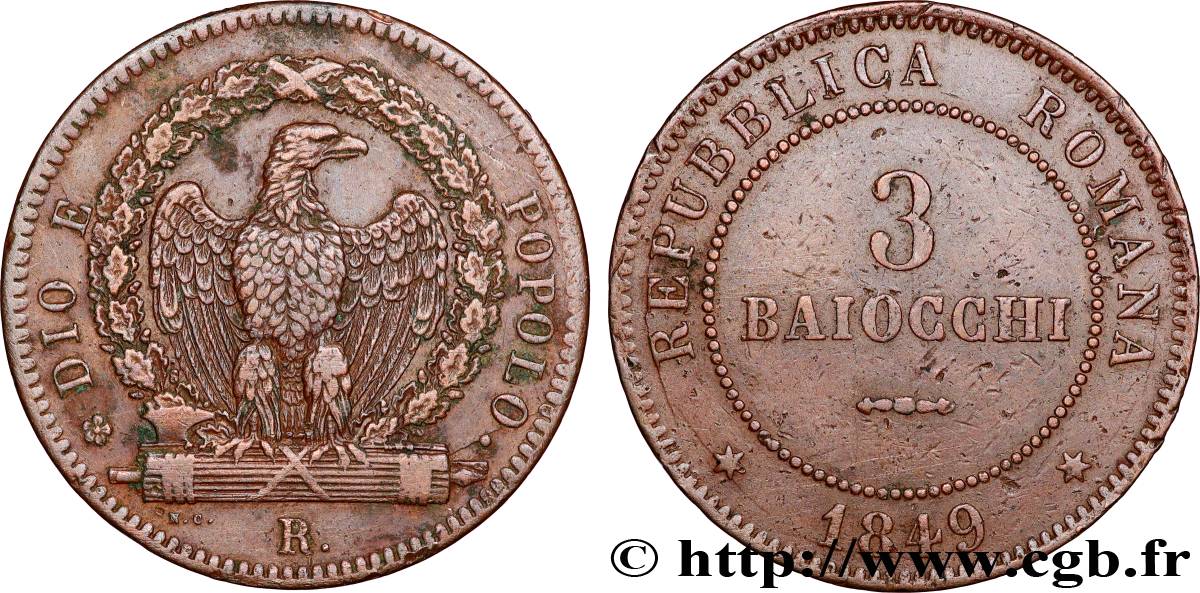 ITALY - RÉPUBLIQUE ROMAINE 3 Baiocchi 1849 Rome XF 