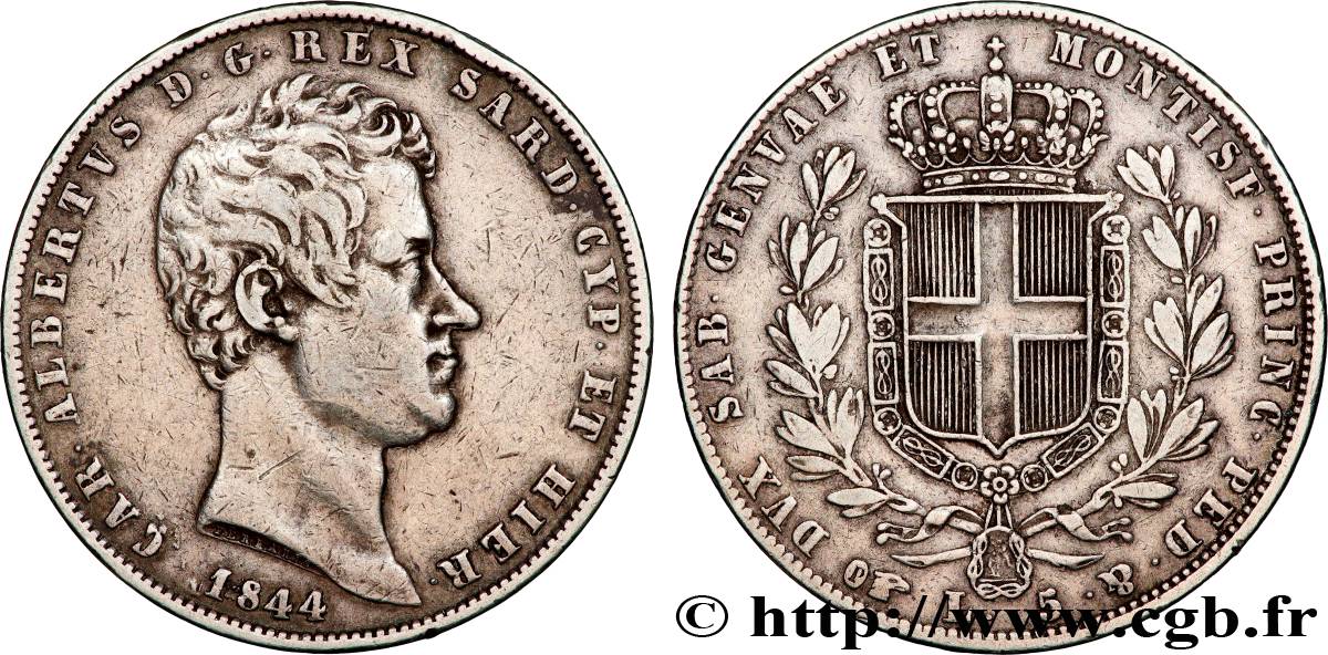 ITALY - KINGDOM OF SARDINIA - CHARLES-ALBERT 5 Lire Charles Albert, roi de Sardaigne 1844 Turin XF 