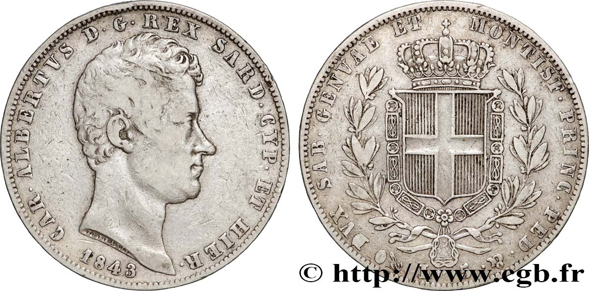 ITALY - KINGDOM OF SARDINIA 5 Lire Charles-Albert 1843 Gênes VF 