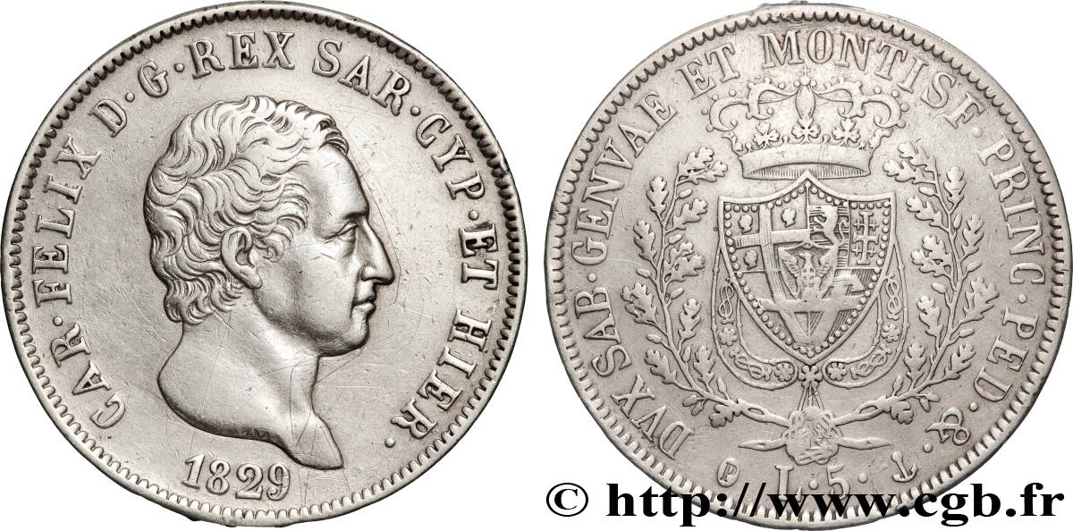 ITALIA - REGNO DE SARDINIA - CARLO FELICE 5 Lire  1829 Gênes BB 